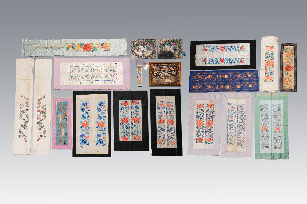 A varied collection of Chinese embroidered silk cloths, a fan-cover and 'rank badges', 19th C.