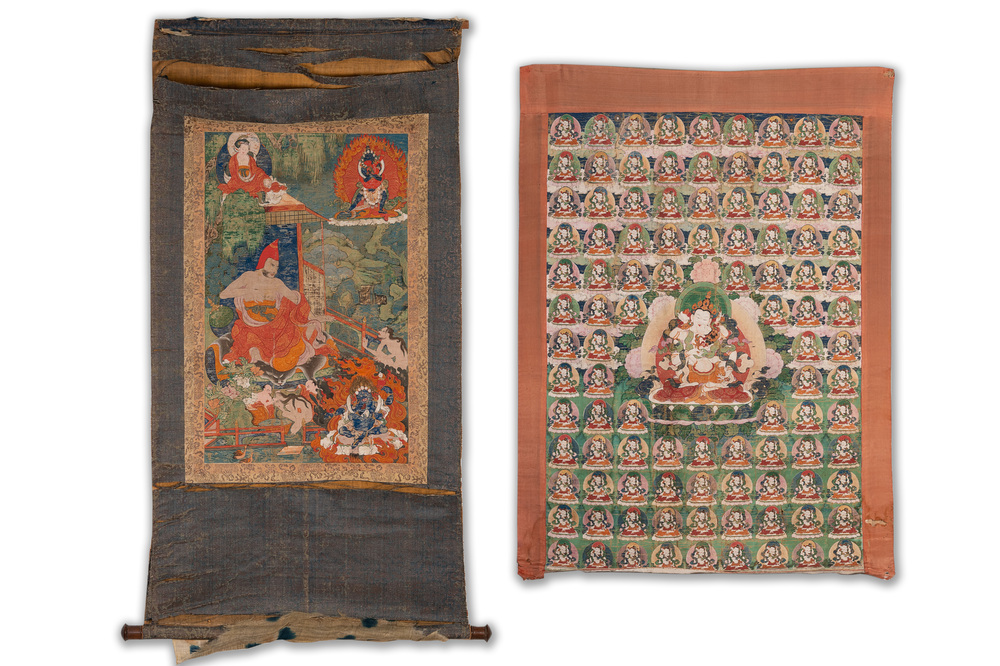 Twee thangka's met voorstelling van Chakrasamvara en een Shambhala-koning, Tibet, 18/19e eeuw