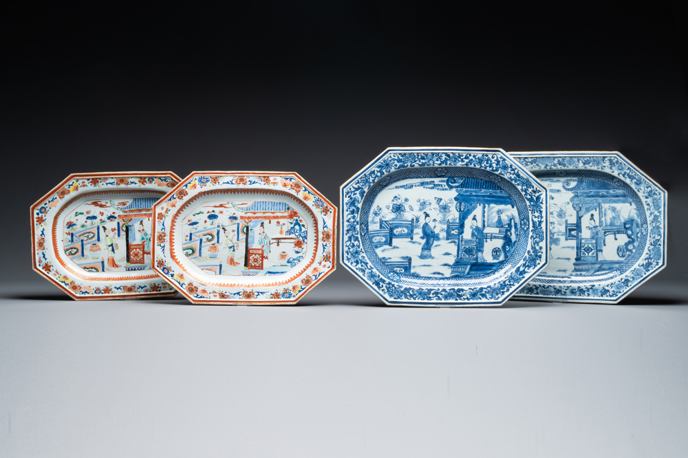 Une paire de plats de forme octogonale en porcelaine de Chine en bleu et blanc &agrave; d&eacute;cor de 'Xi Xiang Ji' et une paire de plats famille rose, Yongzheng