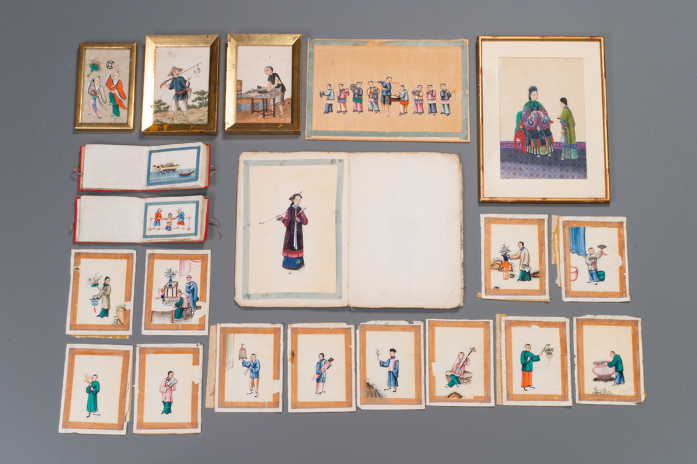 Collection vari&eacute;e de peintures sur papier de riz &agrave; d&eacute;cor des personnages, Chine, Canton, 19&egrave;me