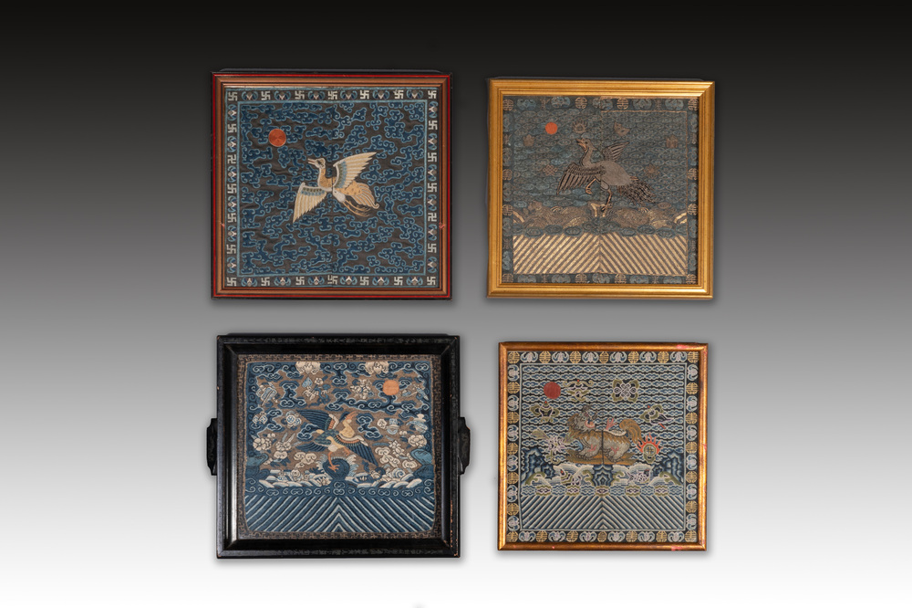 Four framed Chinese gold-thread-embroidered silk 'rank badges', 19th C.