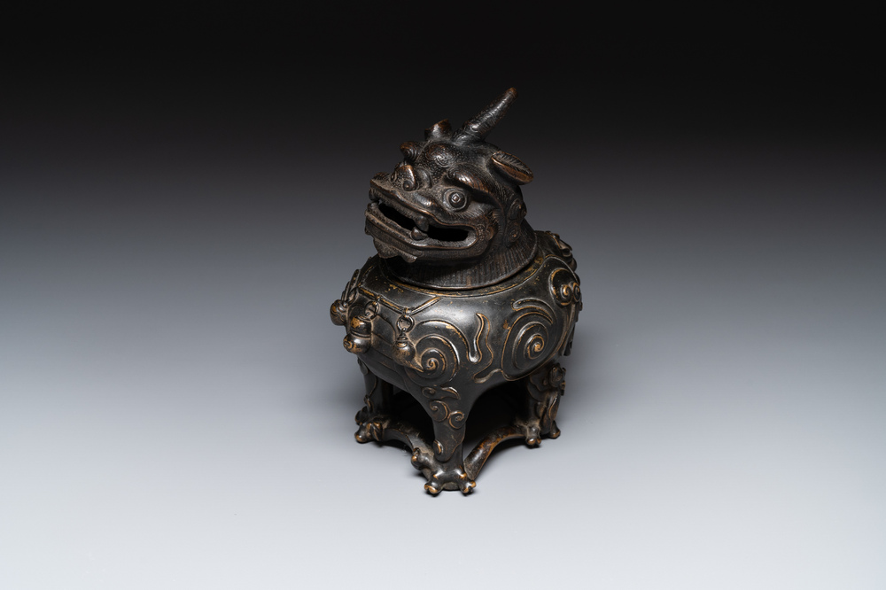 A fine Chinese bronze luduan-form censer and cover, Ming