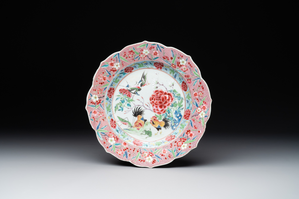 A Chinese famille rose 'roosters' plate, Yongzheng/Qianlong