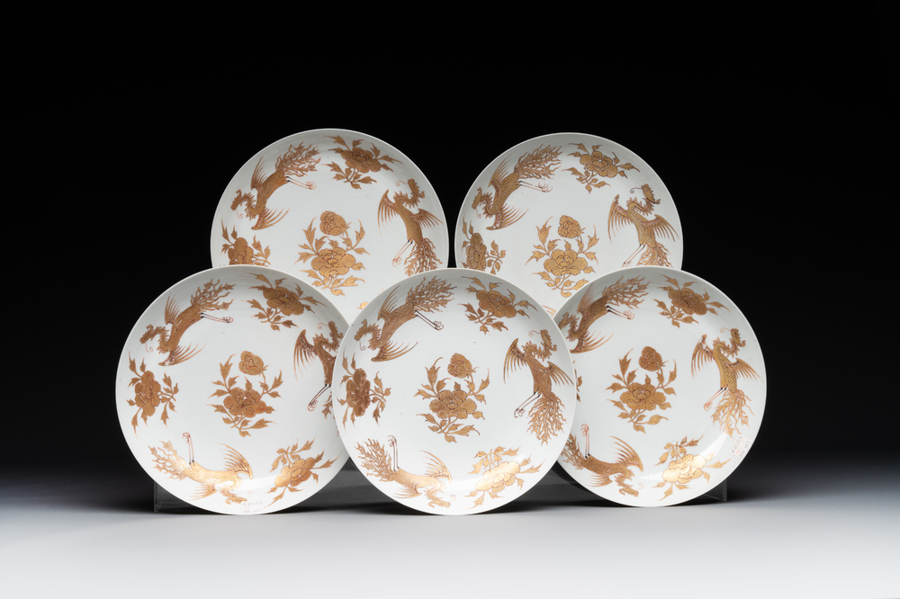 Five Chinese gilt-decorated eggshell porcelain 'phoenix' plates, Yongzheng