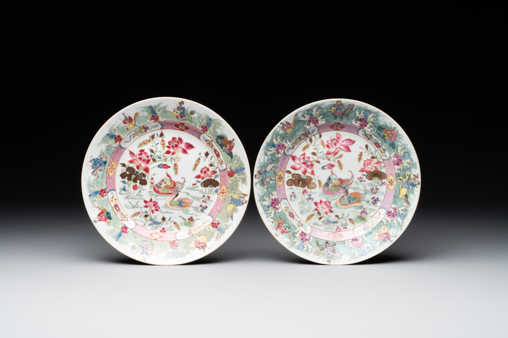 A pair of Chinese famille rose plates with immortals and mandarin ducks, 19th C.