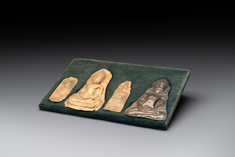 Four sheets of gold repouss&eacute; votive plaques of Buddha Sakyamuni, Burma, 12th C.