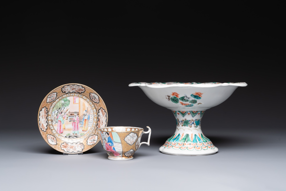 A Chinese Canton famille rose gilt-decorated cup and saucer and a famille verte tazza, 19th C.