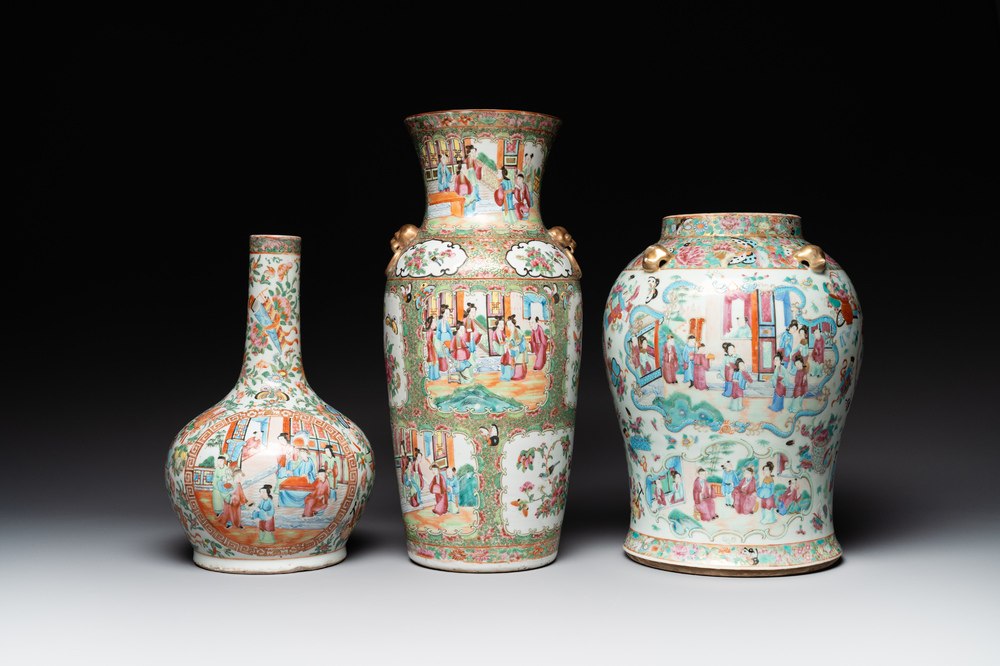 Three Chinese Canton famille rose vases with narrative design, 19th C.