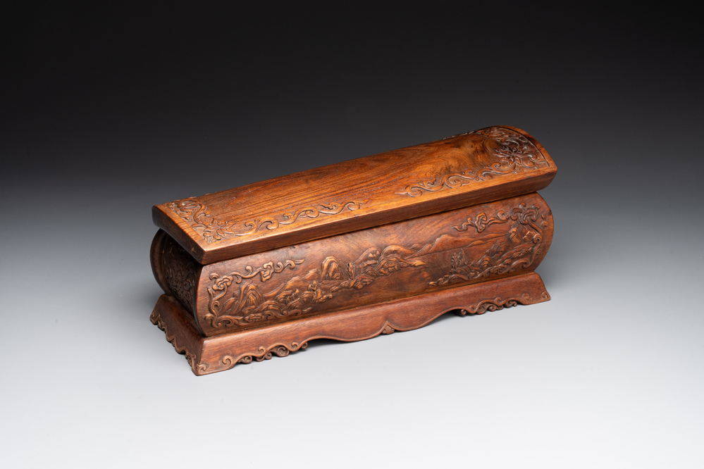 A Chinese Huanghuali wood coffin-shaped offering box and cover with mountainous landscape design, 17/18th C.