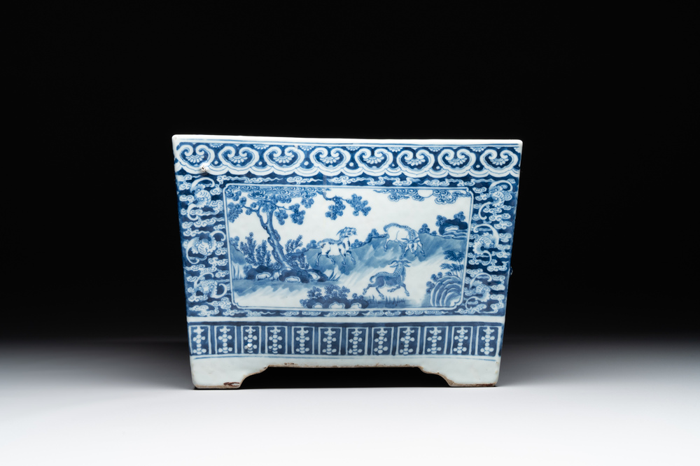 A square Chinese blue and white 'three rams' jardiniere, 19th C.