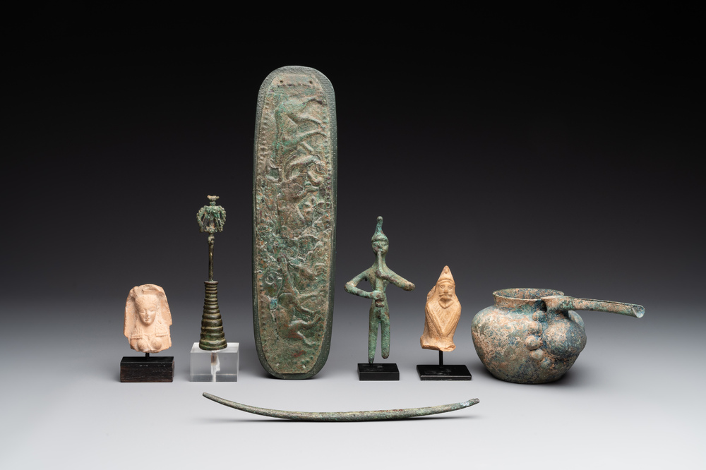 A group of seven bronze and pottery objects, Syria, Persia, and Luristan, 3rd C. and earlier