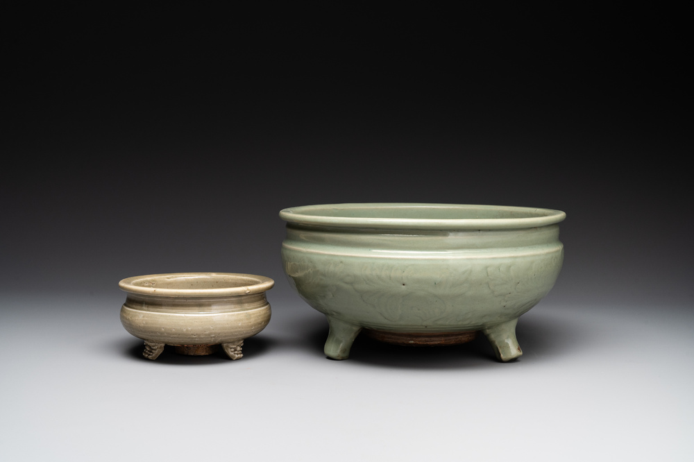 Two Chinese Longquan celadon tripod censers, Ming