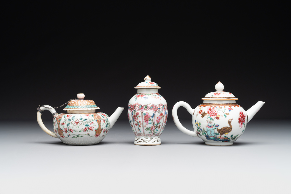 Two Chinese famille rose teapots and a tea caddy, Yongzheng/Qianlong