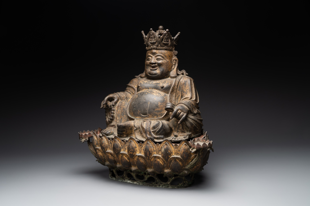 An important and large Chinese gilt bronze Buddha on a lotus throne, Ming