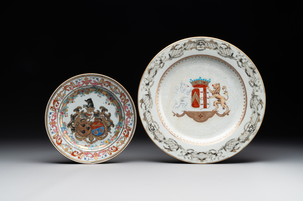A Chinese bianco sopra bianco Belgian market armorial dish and a famille rose Dutch market armorial plate, Qianlong