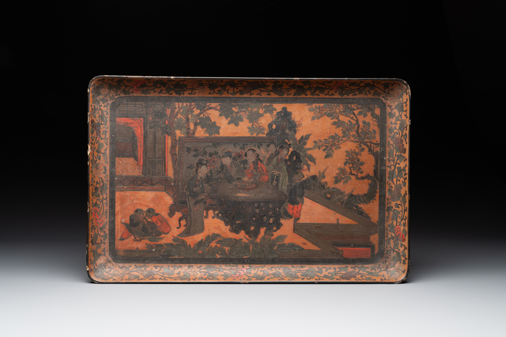 A Chinese polychrome lacquer 'games in the noble garden' tray, 18/19th C.