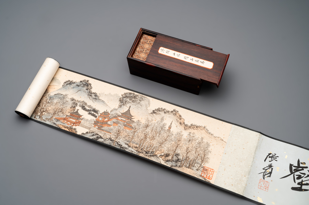 Pu Xinyu 溥心畬 (1896-1963): 'Temple in the mountains', ink and colour on paper, with 'Hongmu' wooden box