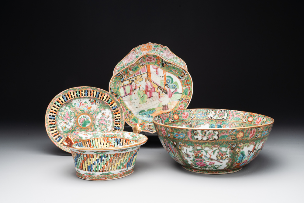 A Chinese Canton famille rose reticulated basket and stand, a bowl and a dish, 19th C.