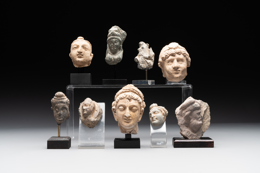 A collection of 9 Gandhara grey schist and stucco fragments of Buddha and divinities, 1/2nd C.