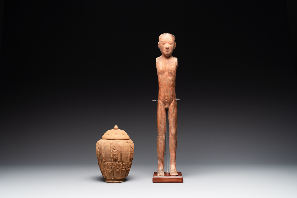 A Chinese painted pottery stick man figure and a pottery 'zodiac' offering vessel, Han/Song