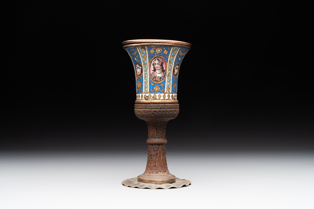A gilt copper and enamelled water pipe base on wooden stand, Qajar, Iran, 19th C.