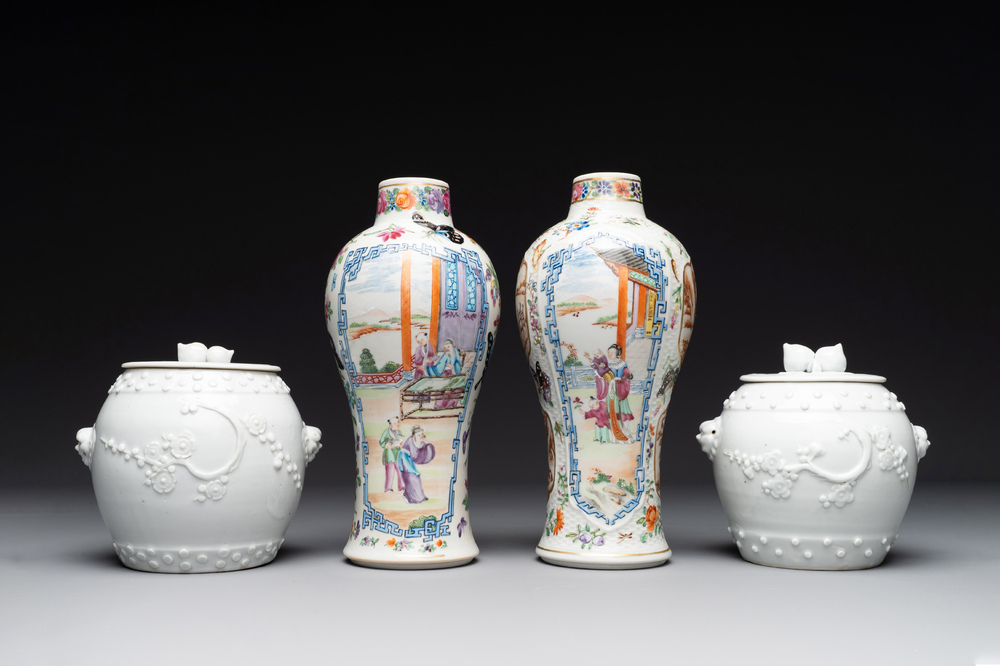 A pair of Chinese Canton famille rose vases and a pair of Dehua blanc de Chine drum-shaped covered jars, 19th C.