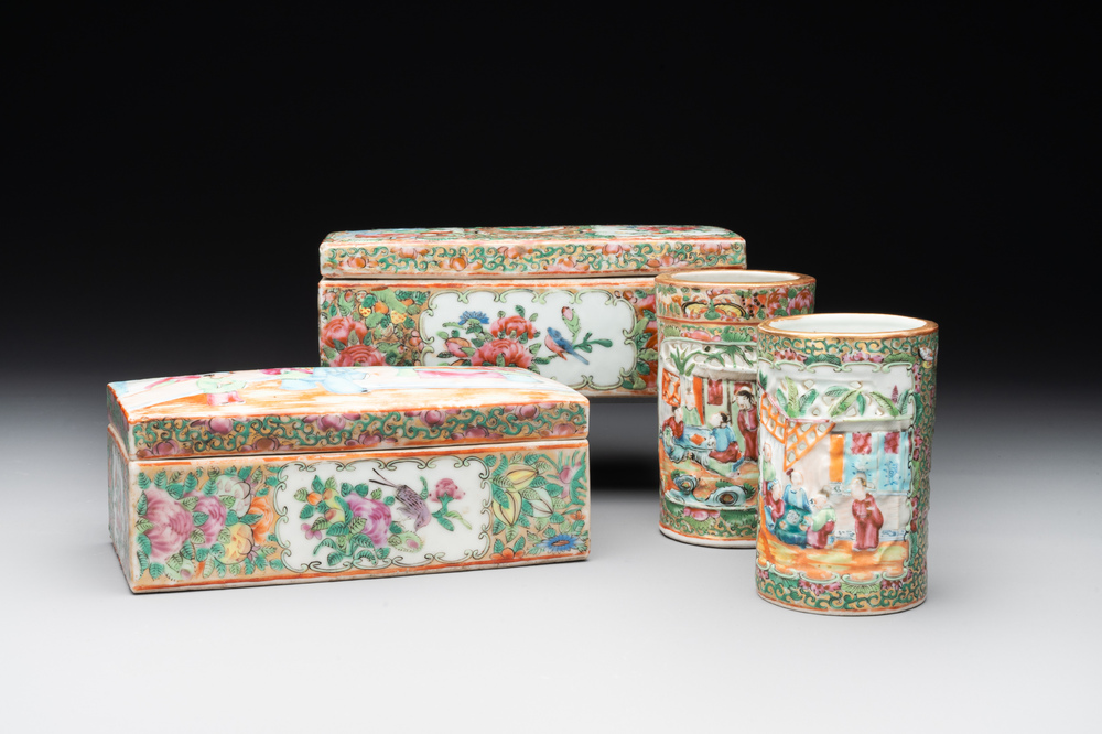 Two Chinese Canton famille rose brush pots and two boxes and covers, 19th C.
