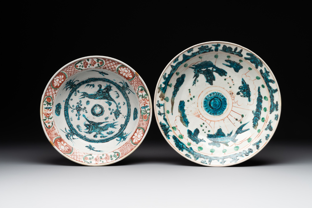 RETURNED 10/12/24 Two Chinese Swatow red-, turquoise- and black-enamelled 'phoenixes' and 'river landscape' dishes, Ming