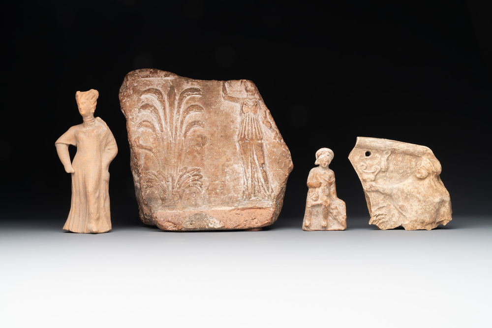 Two terracotta female figures and two fragments with figural design, Italy, 7/4th C. B.C.