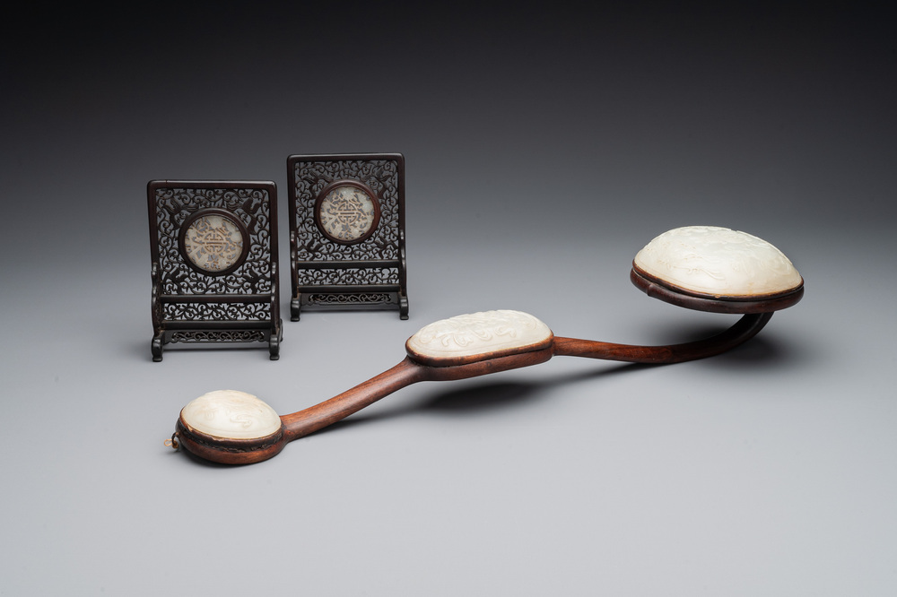 A Chinese wooden ruyi with white jade and a pair of table screens with jade, 19th C.