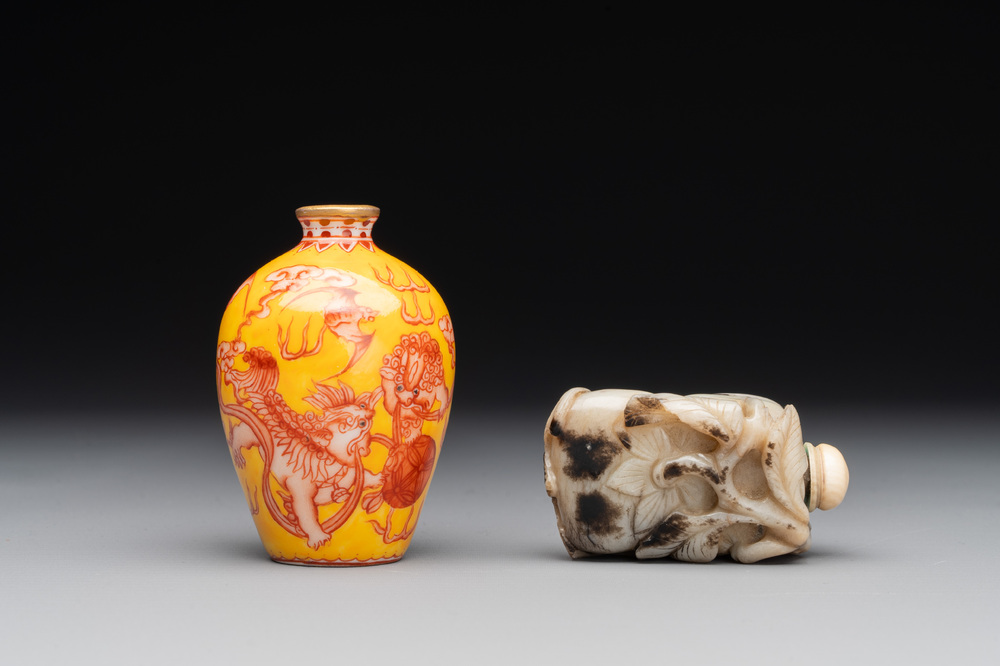 A Chinese jade snuff bottle and a yellow-ground iron-red snuff bottle, Daoguang mark, 19th C.