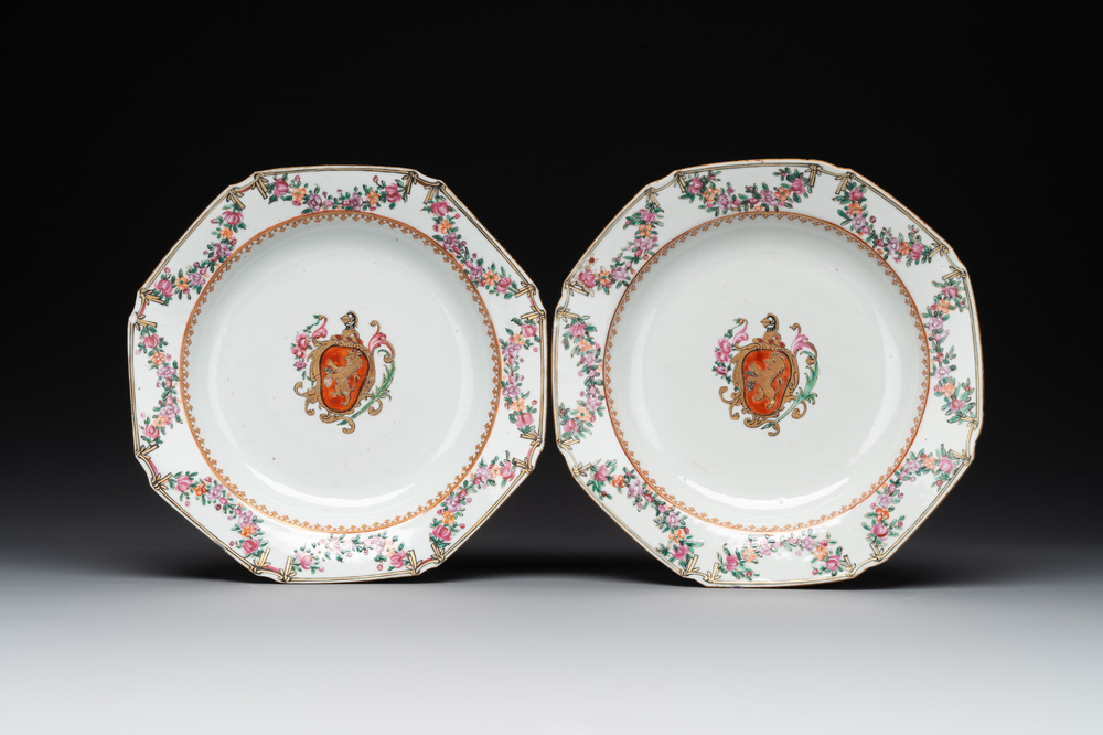 A pair of Chinese famille rose octagonal armorial plates, Qianlong