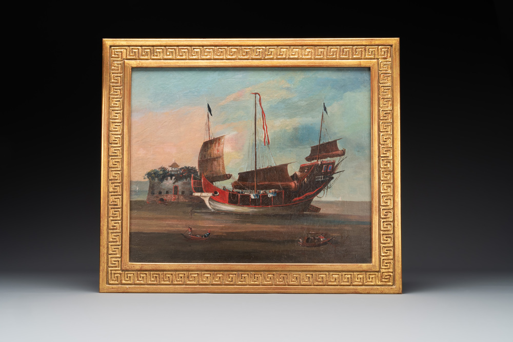 Canton school: 'A merchant vessel in front of the folly fort', oil on canvas, China, 18th C.
