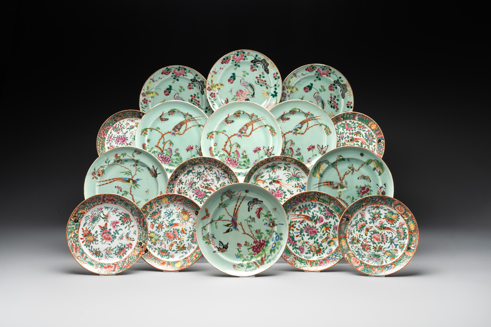 Nine Chinese celadon-ground Canton famille rose plates and eight Canton famille rose plates, 19th C.