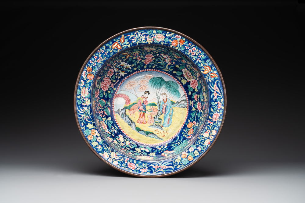 A large Chinese Canton enamel basin with figures in a landscape, Jiaqing