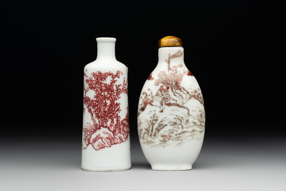 Two Chinese copper-red snuff bottles with landscape design, Chenghua mark, 19th C.