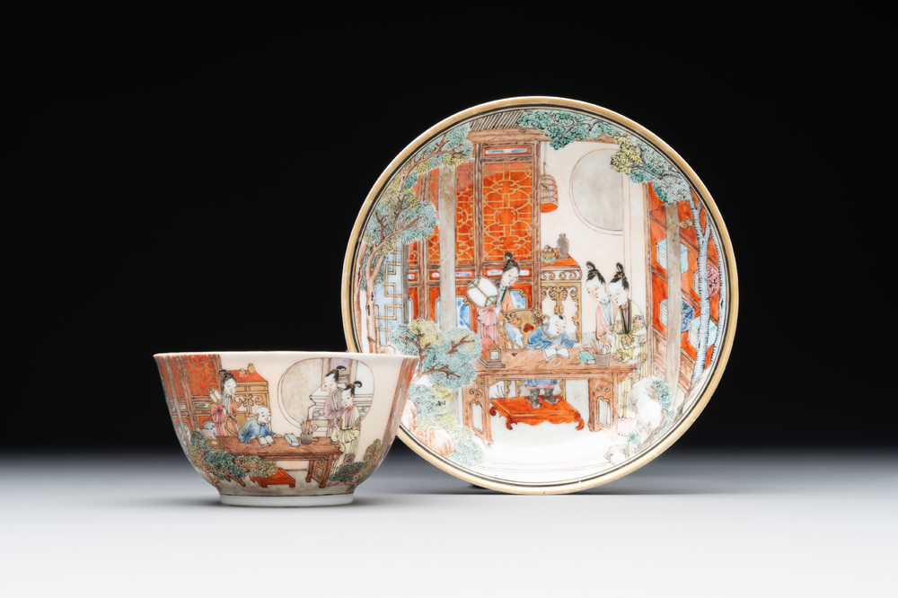 An exceptional Chinese famille rose semi-eggshell porcelain cup and saucer with fine figural design, Yongzheng