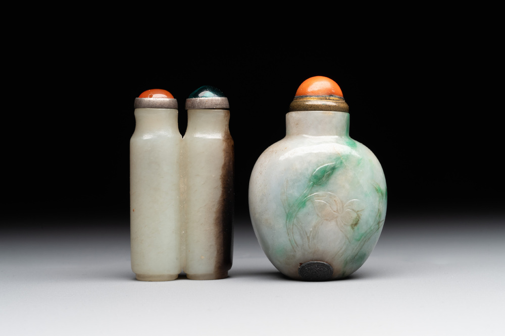 A Chinese jade conjoined double-snuff bottle and a jade 'lily' snuff bottle, 19th C.
