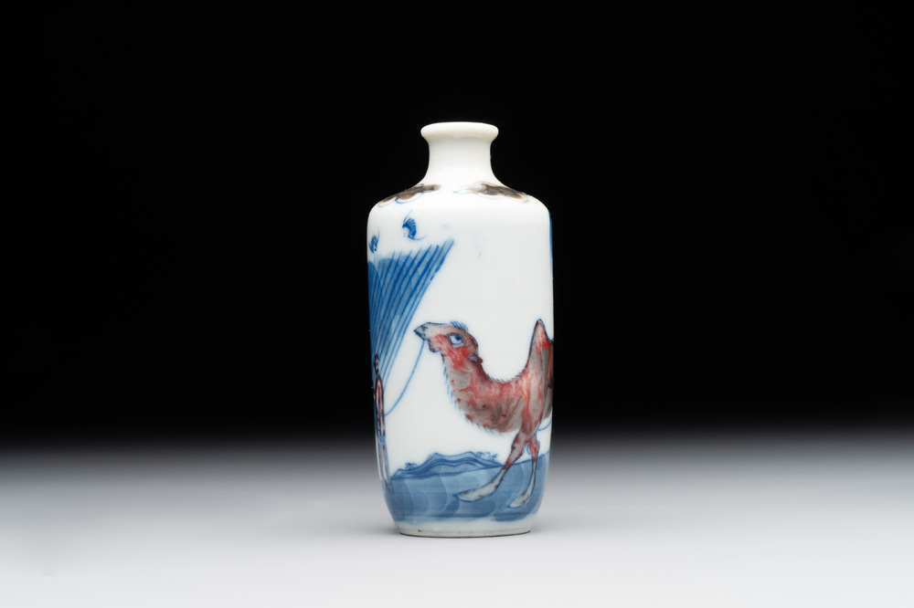 A Chinese blue, white and copper-red 'camel' snuff bottle, dragon mark, 19th C.