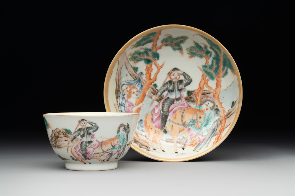 A Chinese famille rose 'Don Quixote' cup and saucer, 18/19th C.