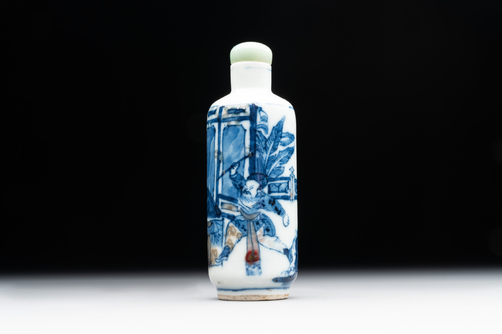 A Chinese blue, white and copper-red 'warriors' snuff bottle, Kangxi mark, 19th C.