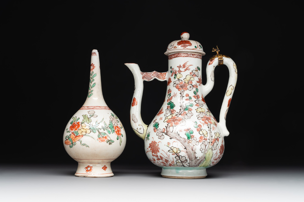 A Chinese wucai covered ewer and a rosewater sprinkler for the Islamic market, Kangxi