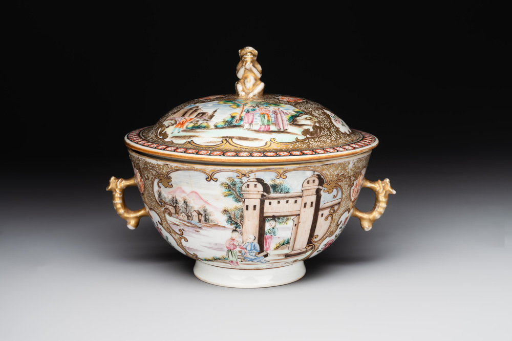 A Chinese Canton famille rose bowl and cover with figures in a landscape, Qianlong