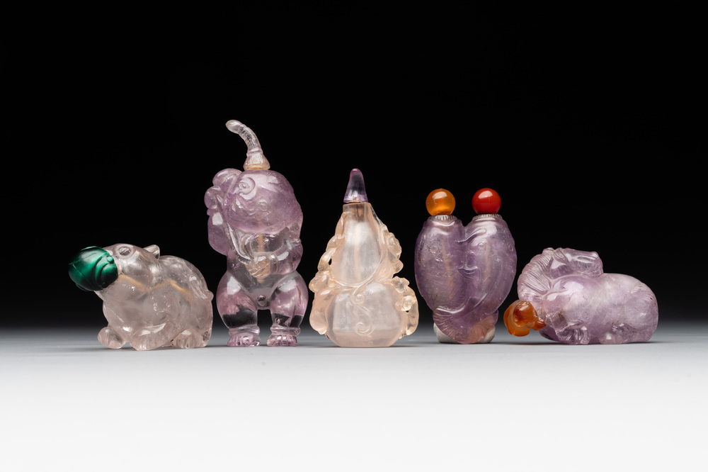 Five Chinese amethyst animal-form snuff bottles, 19/20th C.