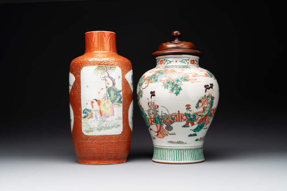 A Chinese famille rose coral-red-ground vase and a famille verte vase, 19th C.
