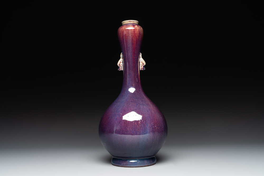 A Chinese flamb&eacute;-glazed vase with 'chilong' handles, 18th C.