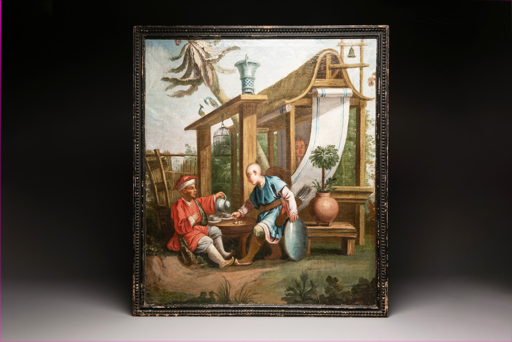 French or Southern Netherlands school: 'Tea ceremony', oil on canvas, 18th C.