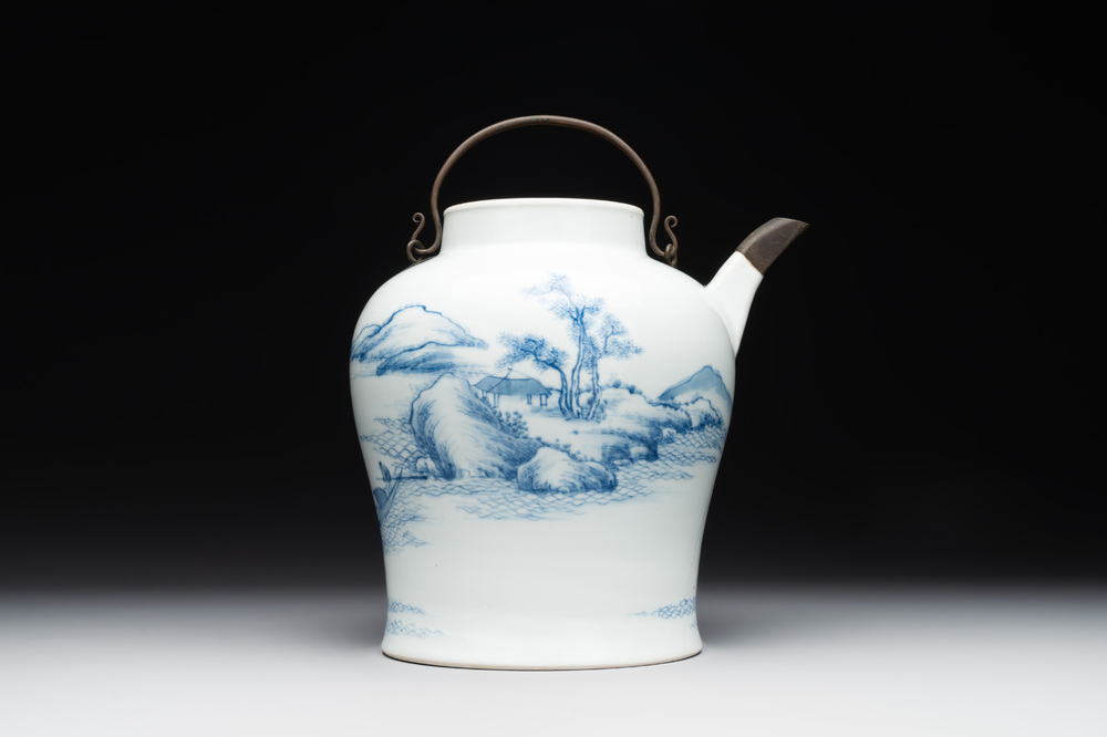 A fine Chinese blue and white 'Bleu de Hue' 'landscape' teapot with bronze mount, Chenghua mark, 18/19th C.
