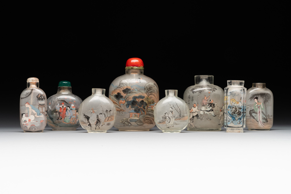 Eight Chinese inside-painted glass snuff bottles, signed Tang Zichuan 湯子川 and Ye Zhongzhi 葉仲芝, 20th C.