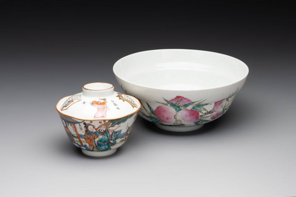 A Chinese famille rose 'nine peaches' bowl and a 'Wu Shuang Pu' covered bowl, Qianglong and Tongzhi mark, 19th C.